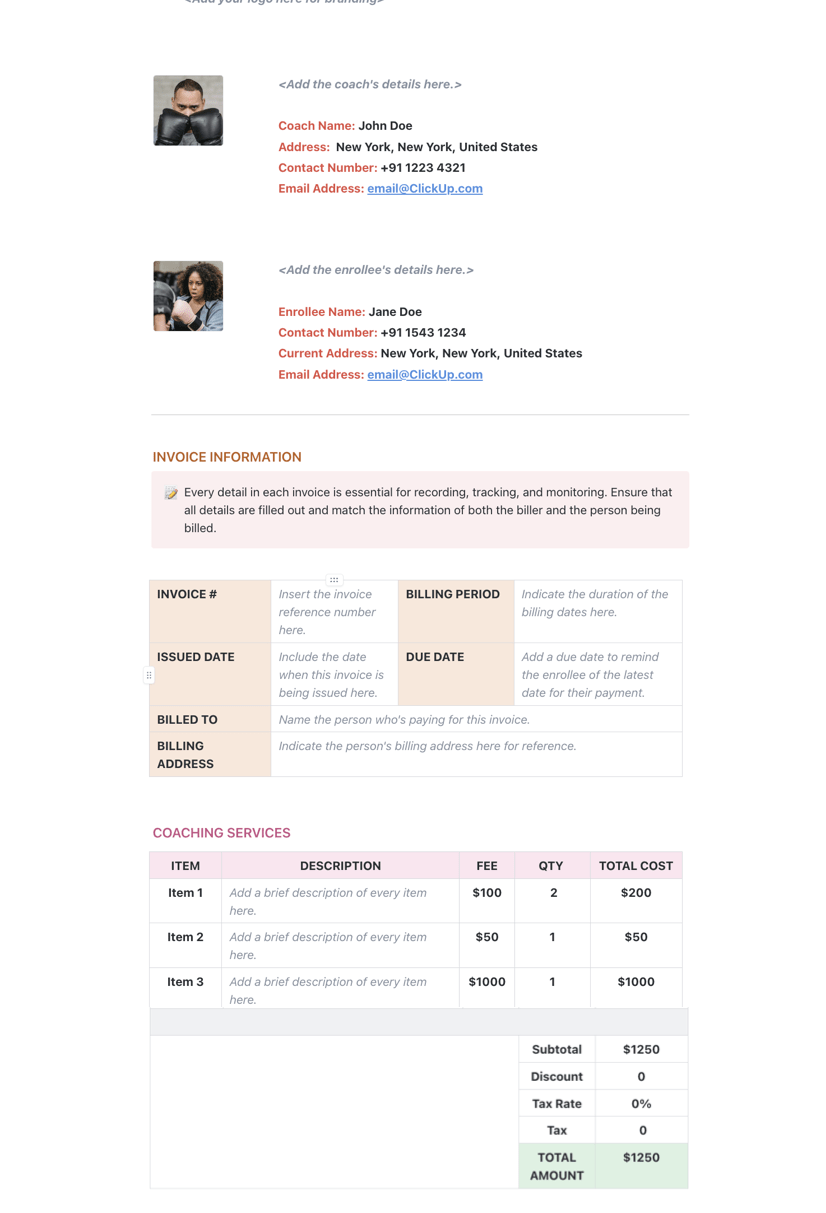 ClickUp Coaching Invoice Template excel receipt template