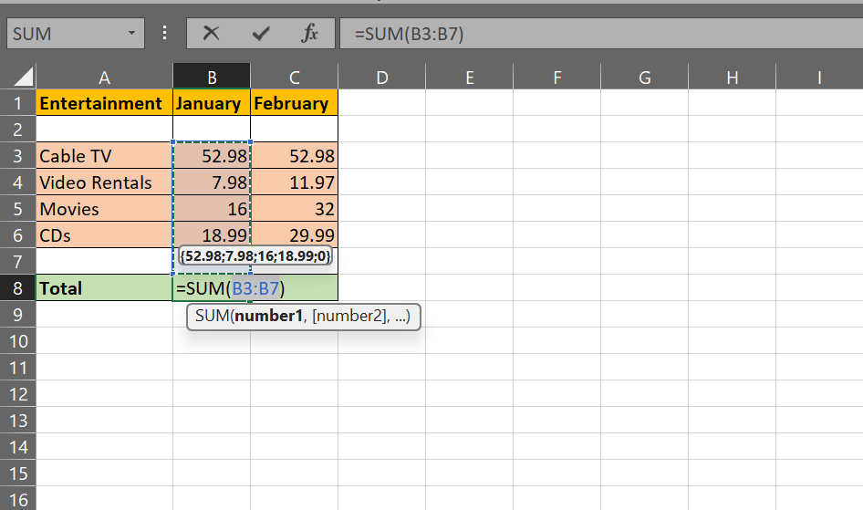 Excel highlights the entire column to sum the added numbers : How to Sum a Column in Excel