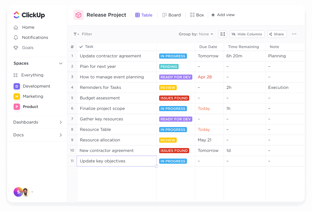 Create custom spreadsheets with ClickUp Table View