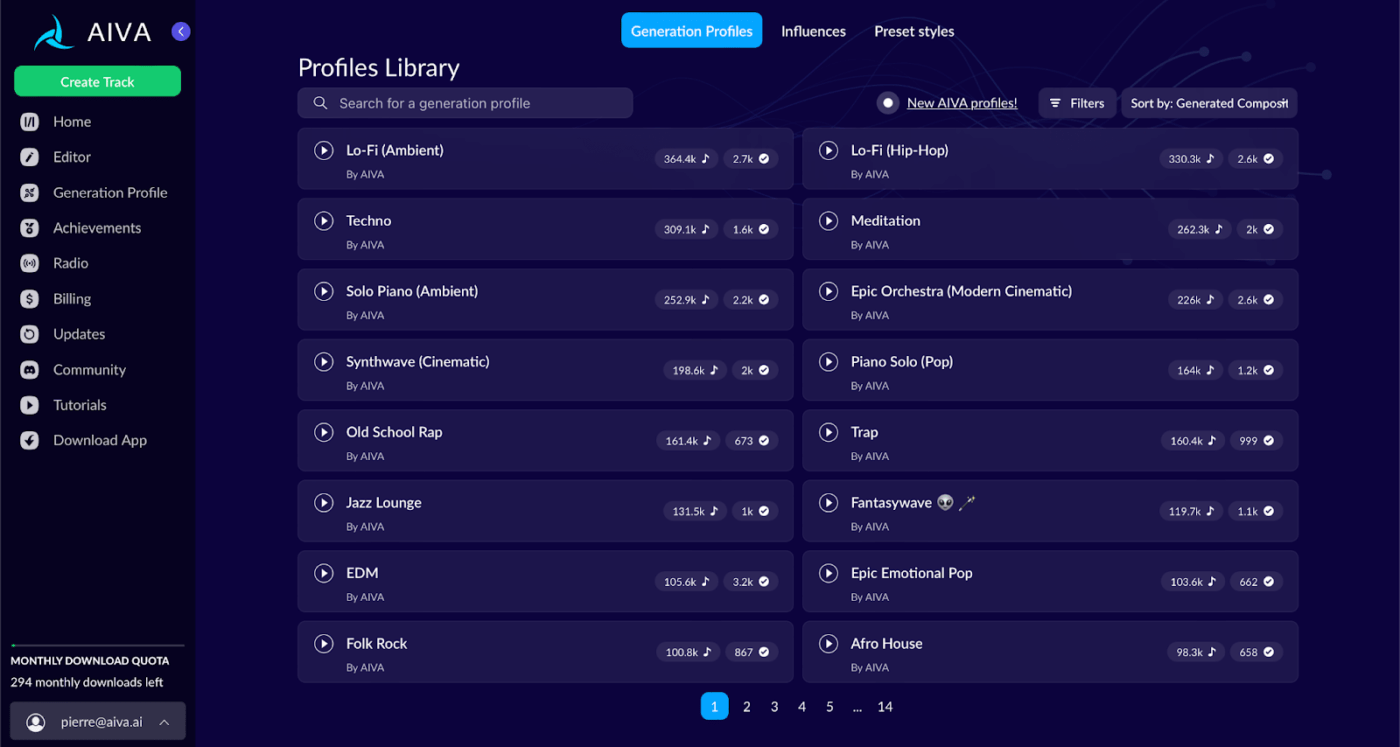 AIVA Dashboard: Generative AI Examples