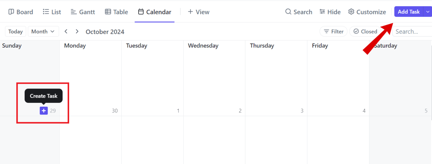 Add a new task calendar in ClickUp