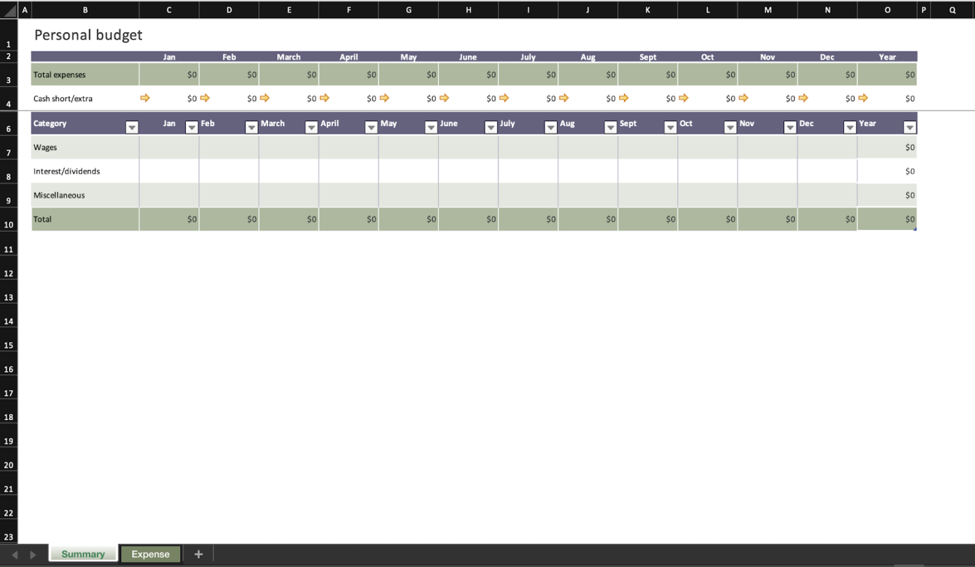 Basic Personal Budget excel money management template by Microsoft