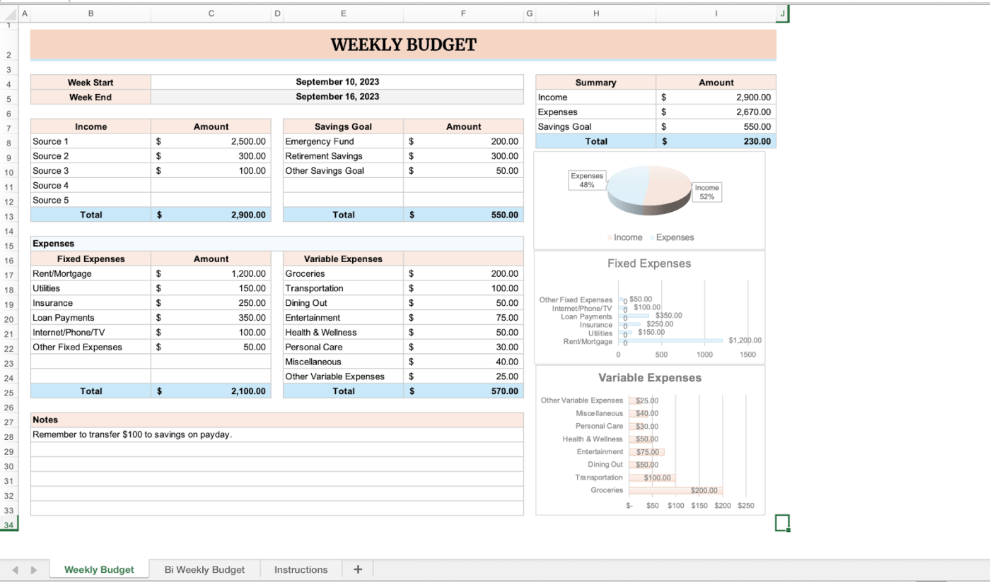 Bi Weekly excel money management template by Template.net