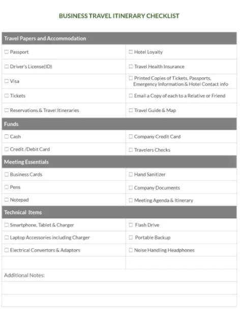 Business Travel Checklist itinerary template excel by TEMPLATE.NET