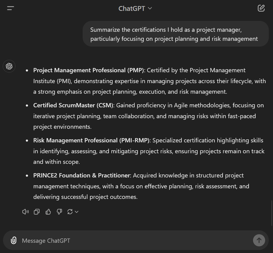 Certifications as a project manager prompt 