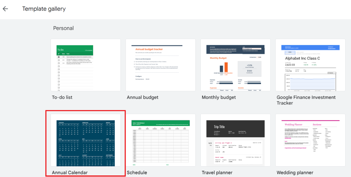 How to Insert a Calendar in Google Sheets: Choose the template in Google spreadsheet