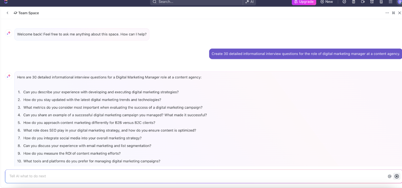 ClickUp Brain’s AI-powered assistance for informational interview questions