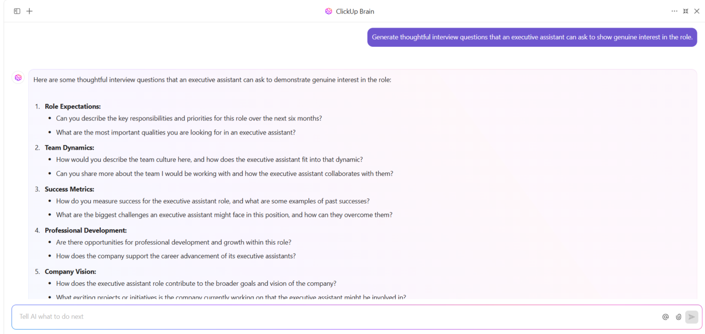 Brainstorm executive administrative assistant questions with ClickUp Brain for professional development