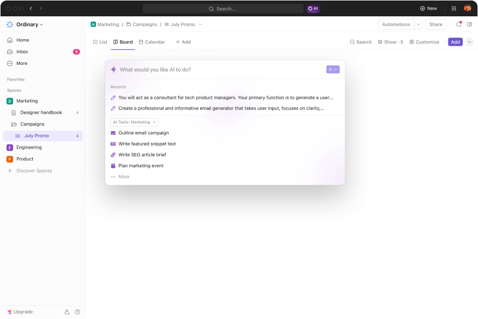 Use ClickUp Brain's AI functionalities to create a Project Implementation Plan