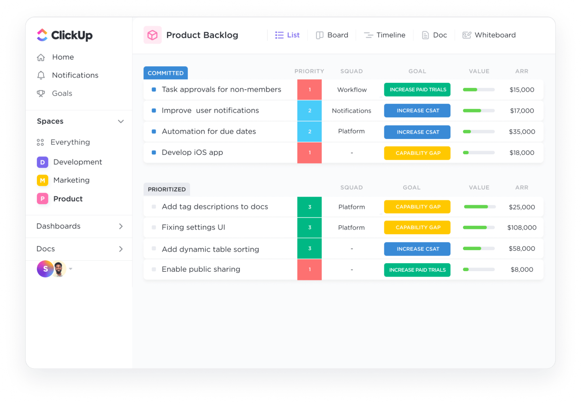Use ClickUp Custom Fields to sort tasks by Cost of Delay, filter by key items, and keep your backlog focused
