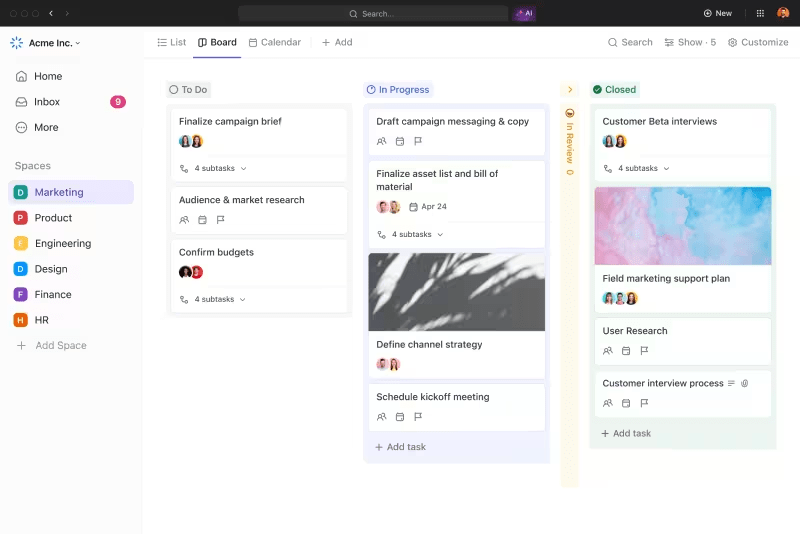 ClickUp Kanban Board View to visualize project implementation plan