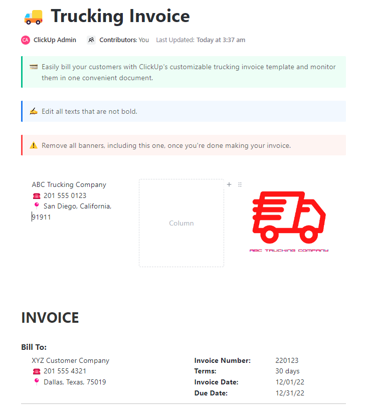 ClickUp Trucking Invoice Template