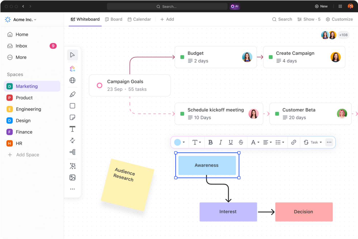 Brainstorm ideas and experiment across the board in ClickUp Whiteboards