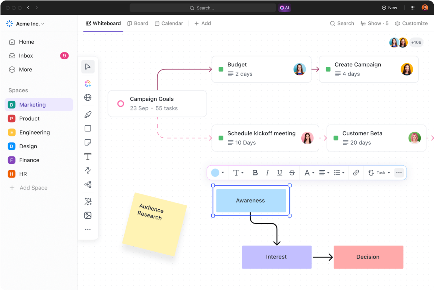 Pizarras ClickUp: Añade pegatinas digitales y diferentes colores para tomar notas estéticas