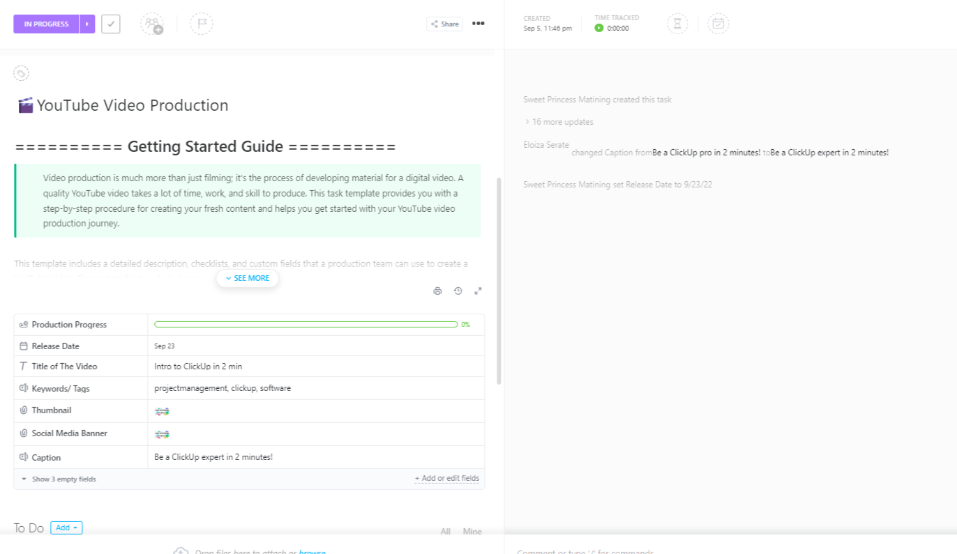 ClickUp’s YouTube Video Production template