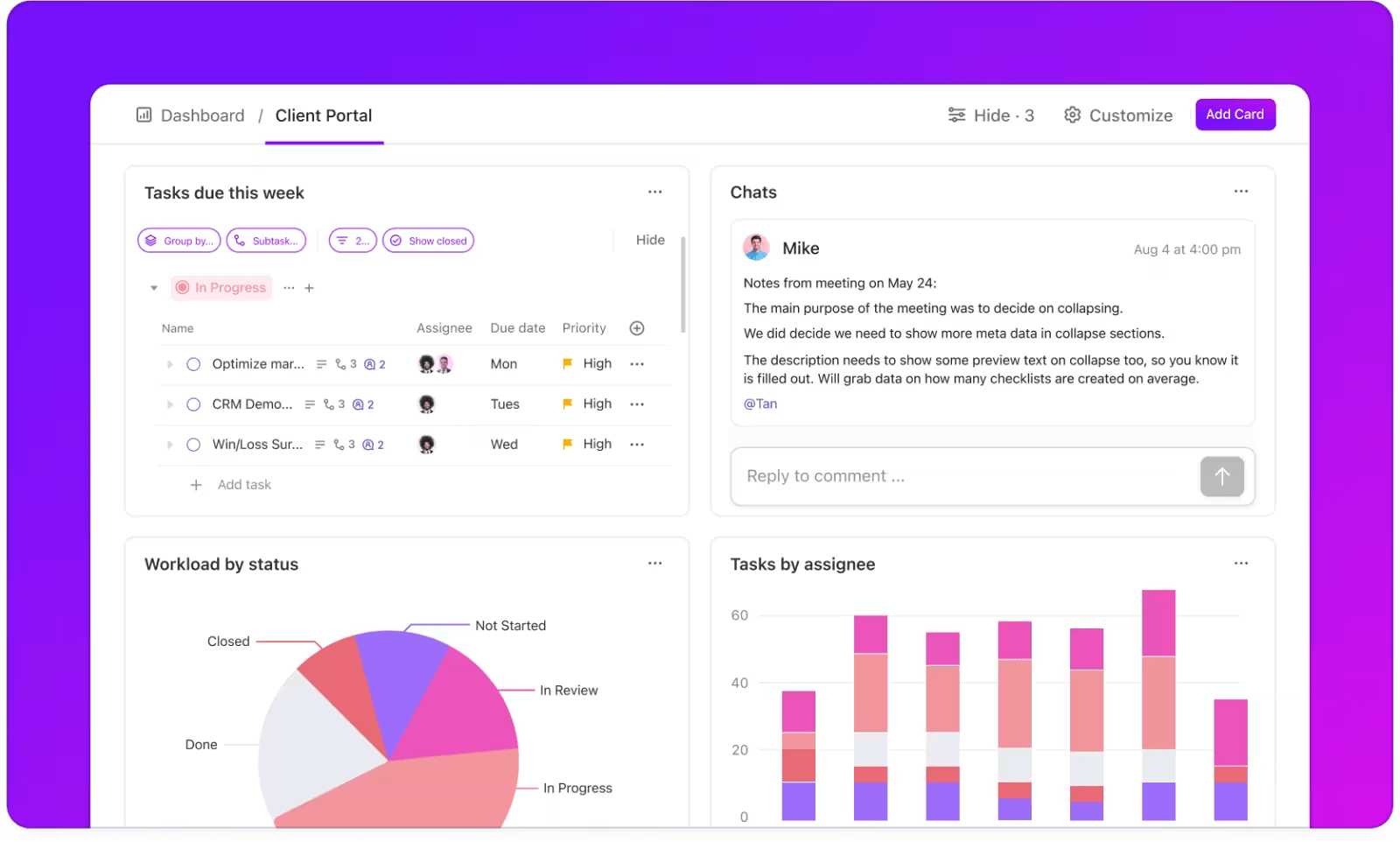 Client portals on ClickUp Dashboards for easy project tracking