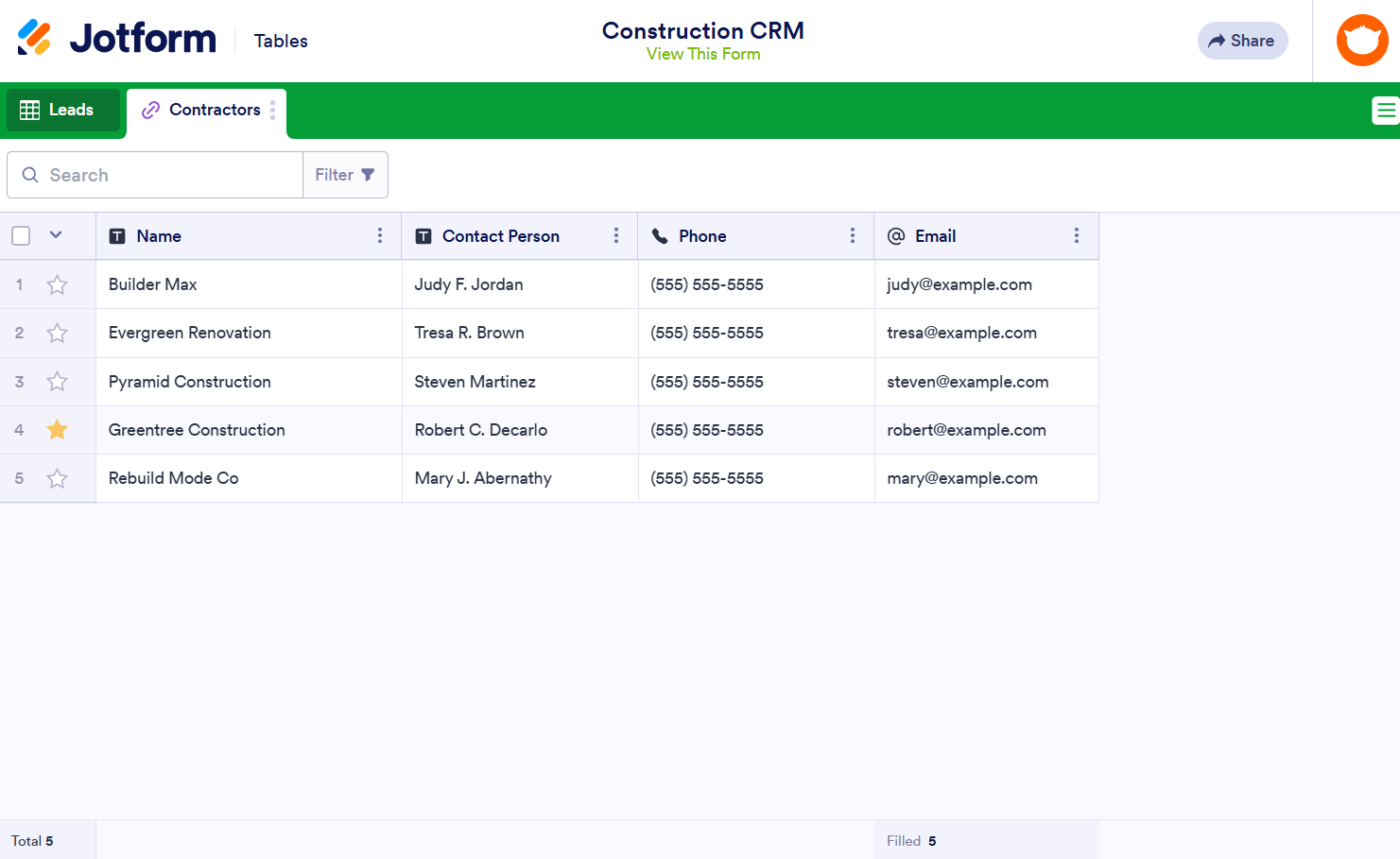 Construction crm excel template by Jotform