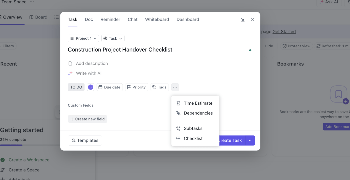 Construction Project Handover checklist. 1: Create a new task and add checklists