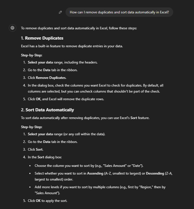 Data sorting in Excel Prompt: How to Use ChatGPT for Excel 
