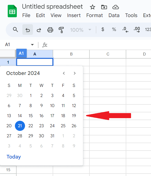 How to Insert a Calendar in Google Sheets: Double-click on cell A1 to see the calendar