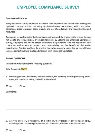 Employee Compliance Survey Template by TEMPLATE.NET