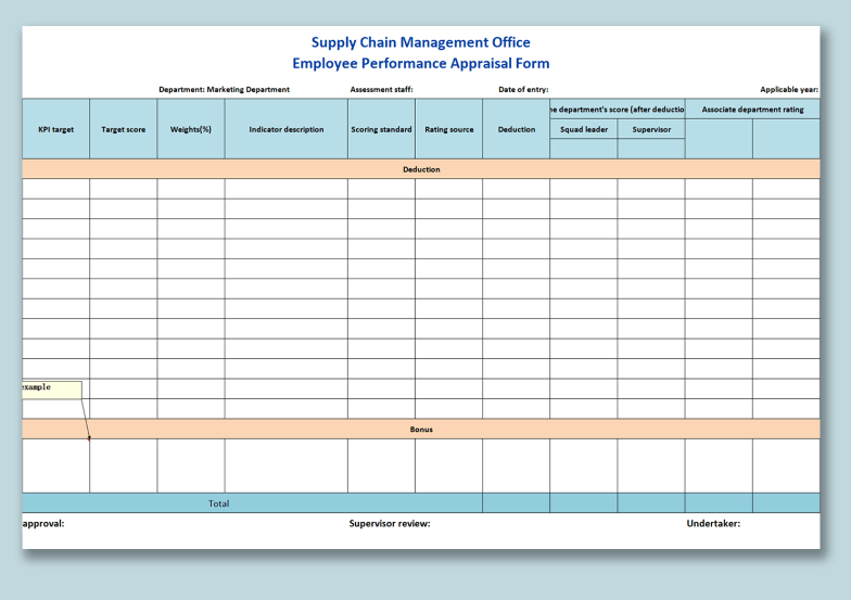 WPS의 SCM을위한 직원 성과 평가 양식 엑셀 성과 검토 템플릿