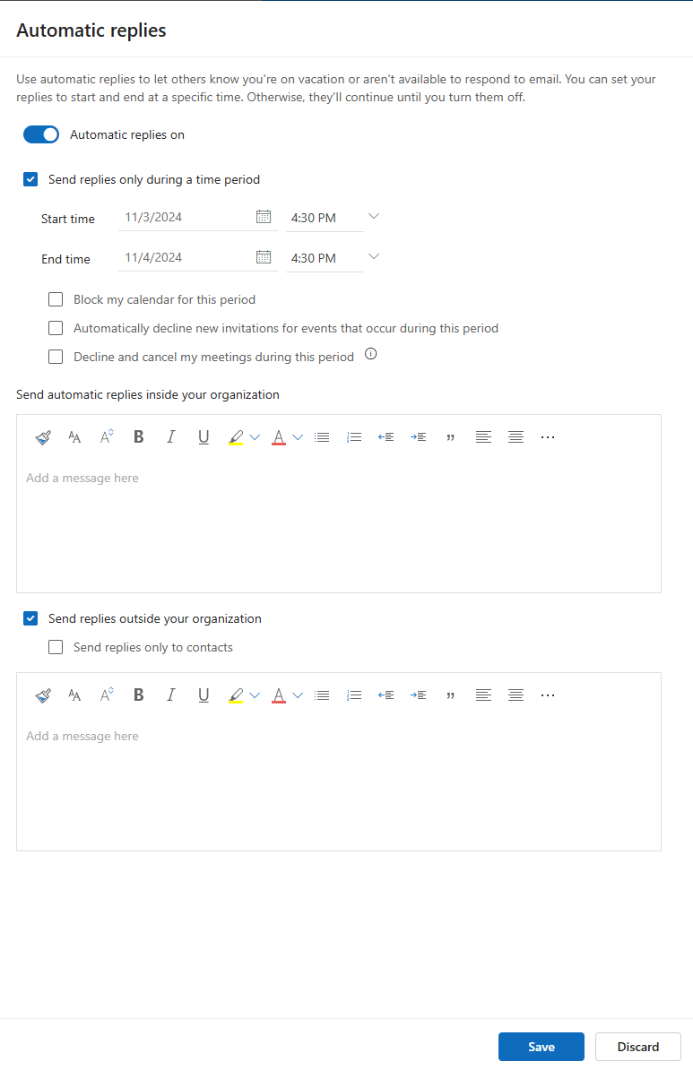 How to Set out-of-office in Outlook: Enable Automatic Replies and corresponding timeframe