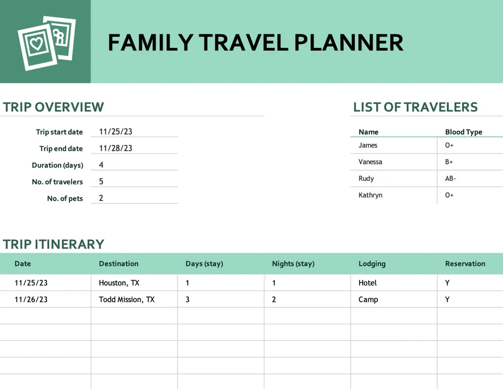 Excel Family Planner itinerary template excel by Microsoft 365