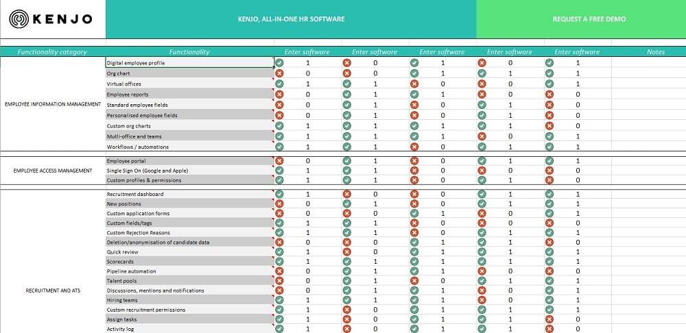 HR Software Comparison Excel Template by Kenjo