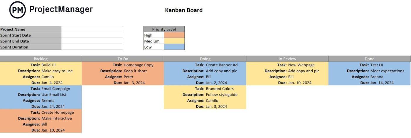 Excel kanbanbord sjabloon van ProjectManager