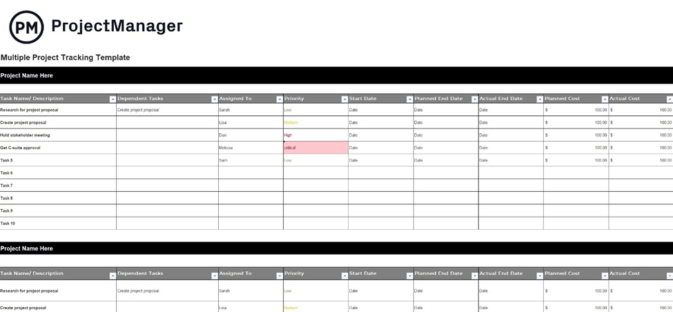 Excel Multiple Project Tracking Template by ProjectManager: multiple project tracking template excel