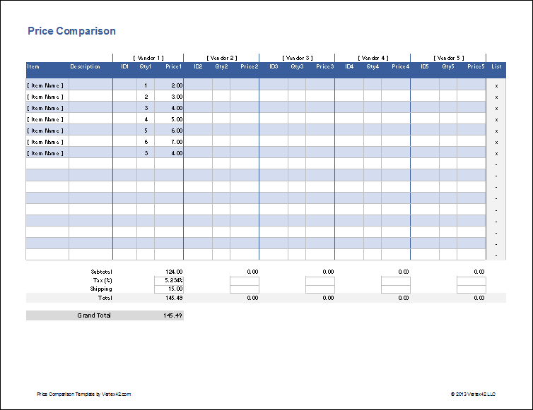 Price Comparison Excel Template by Vertex4