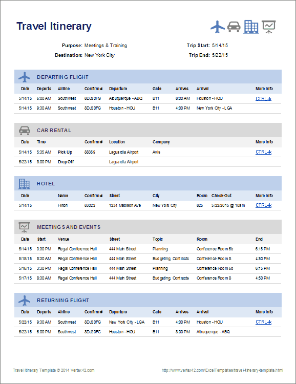 Excel Travel itinerary template excel by Vertex42