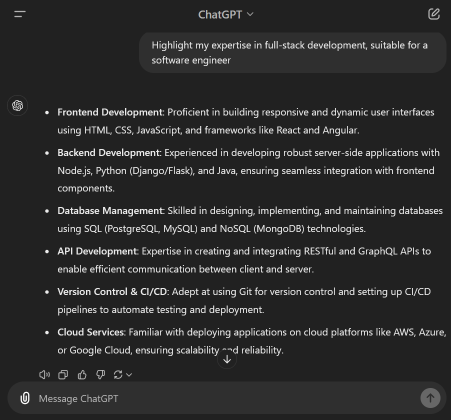Expertise in Full-stack Prompt: chatgpt resume prompts
