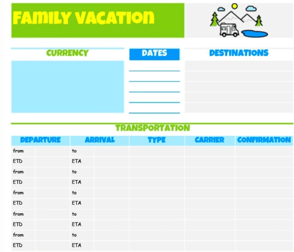 Family Vacation Travel Itinerary Template by GooDocs