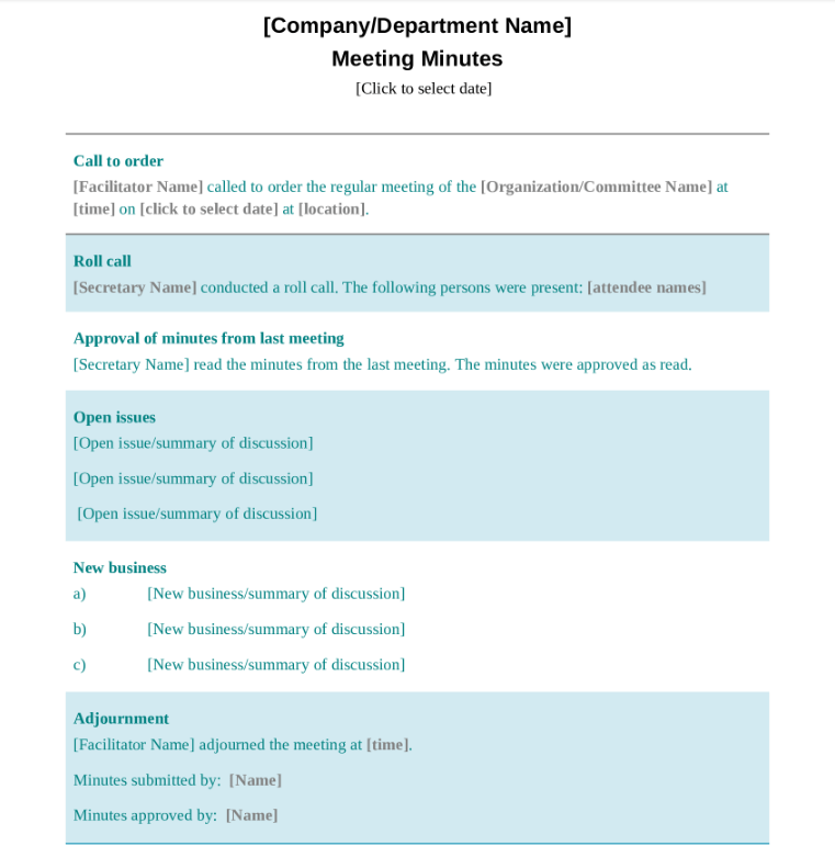 Formal professional minutes of meeting format