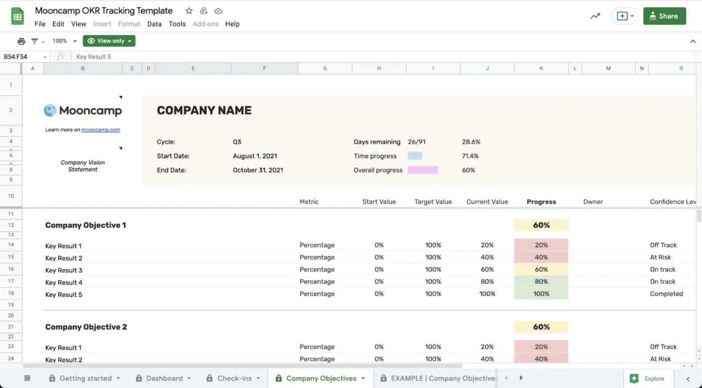 Google Sheets OKR Tracking Template by Mooncamp