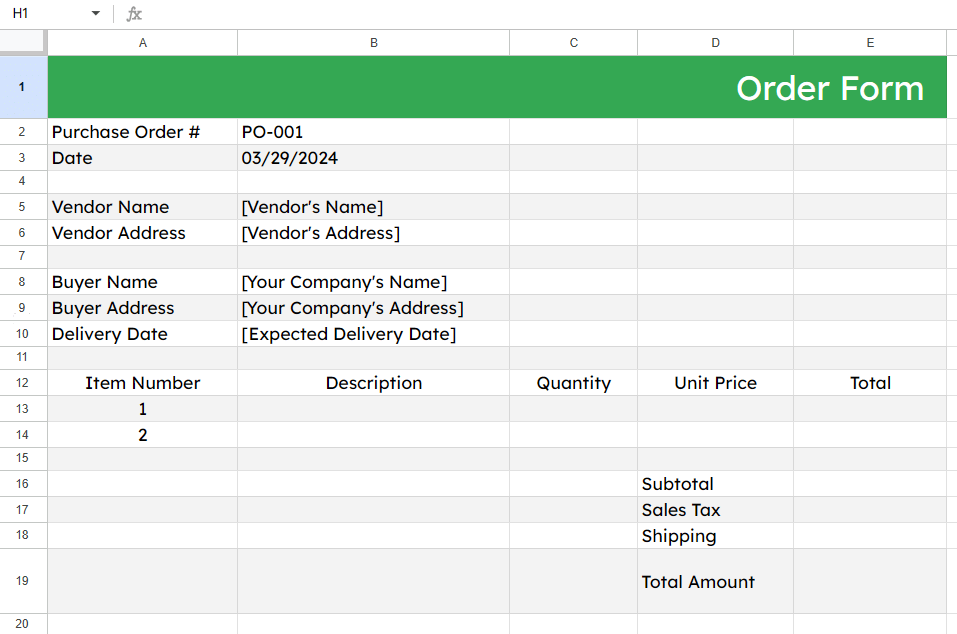 Google Sheets Order Form Template by Lido.app