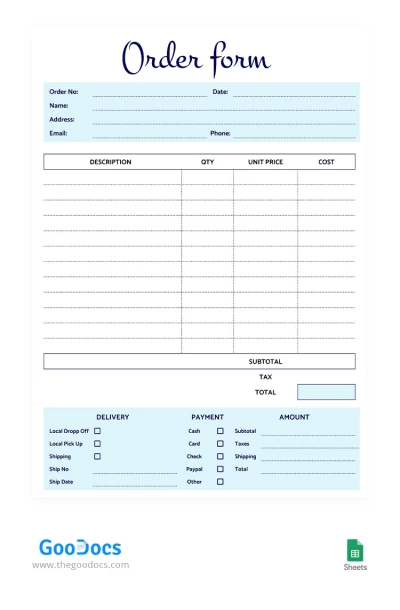 Simple Order: google sheets order form template by GooDocs