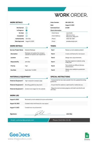 Simple Work google sheets order form template by GooDocs