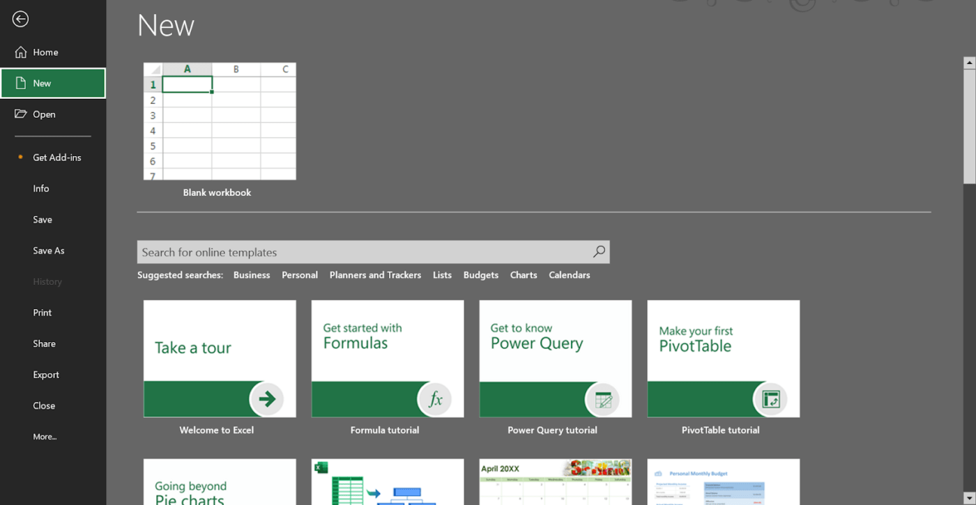 Locate templates using the search bar : how to make an Excel spreadsheet