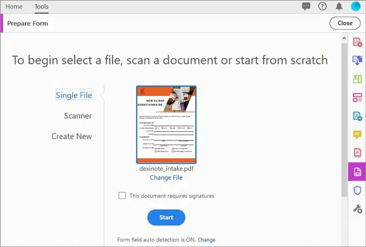 how to make a form fillable in adobe: Open your form and click on start