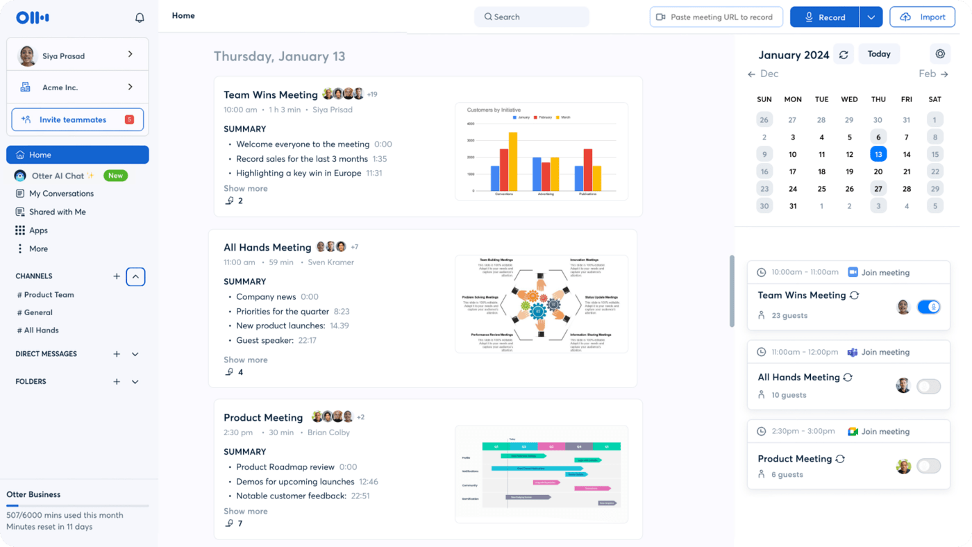 Otter.ai Dashboard: AI minutes of meeting generator 