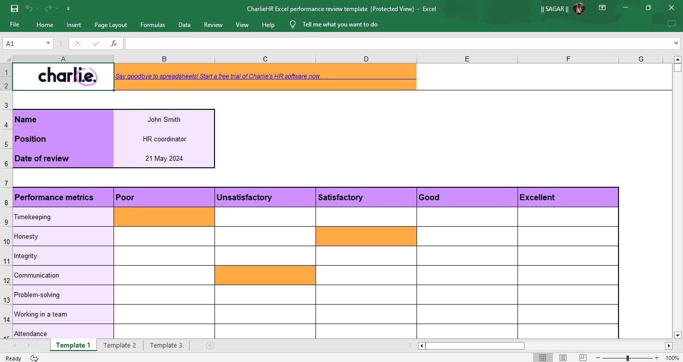 Charlie HR의 성과 검토 엑셀 성과 검토 템플릿
