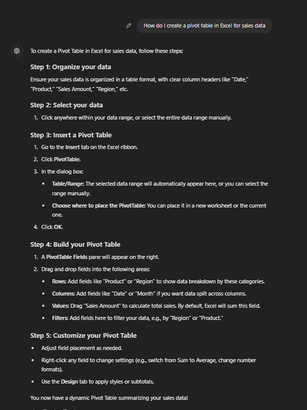 Pivot tables in Excel Prompt: How to Use ChatGPT for Excel 