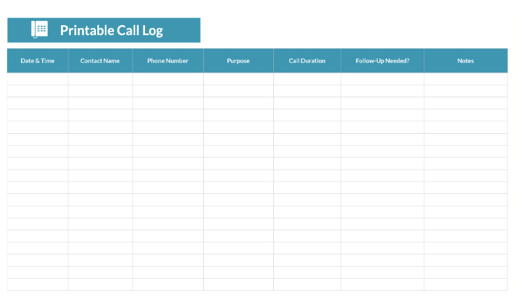 Printable call log template excel by Template.net