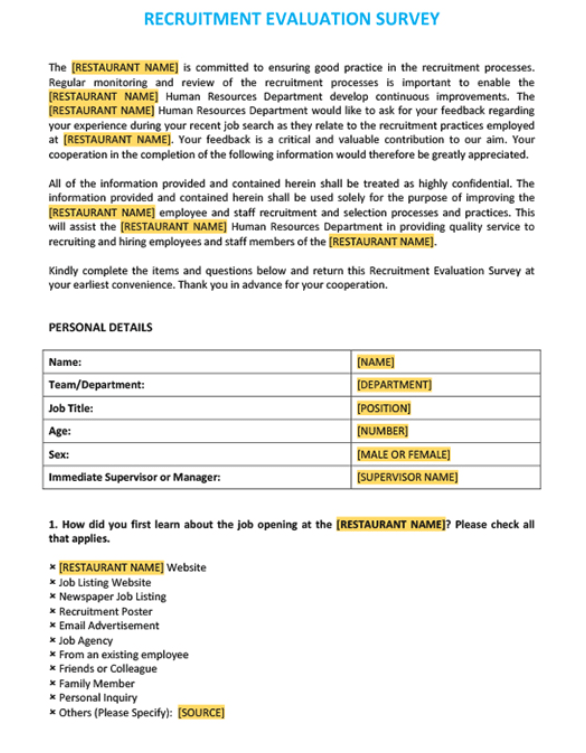 Recruitment Evaluation Survey Questionnaire by TEMPLATE.NET