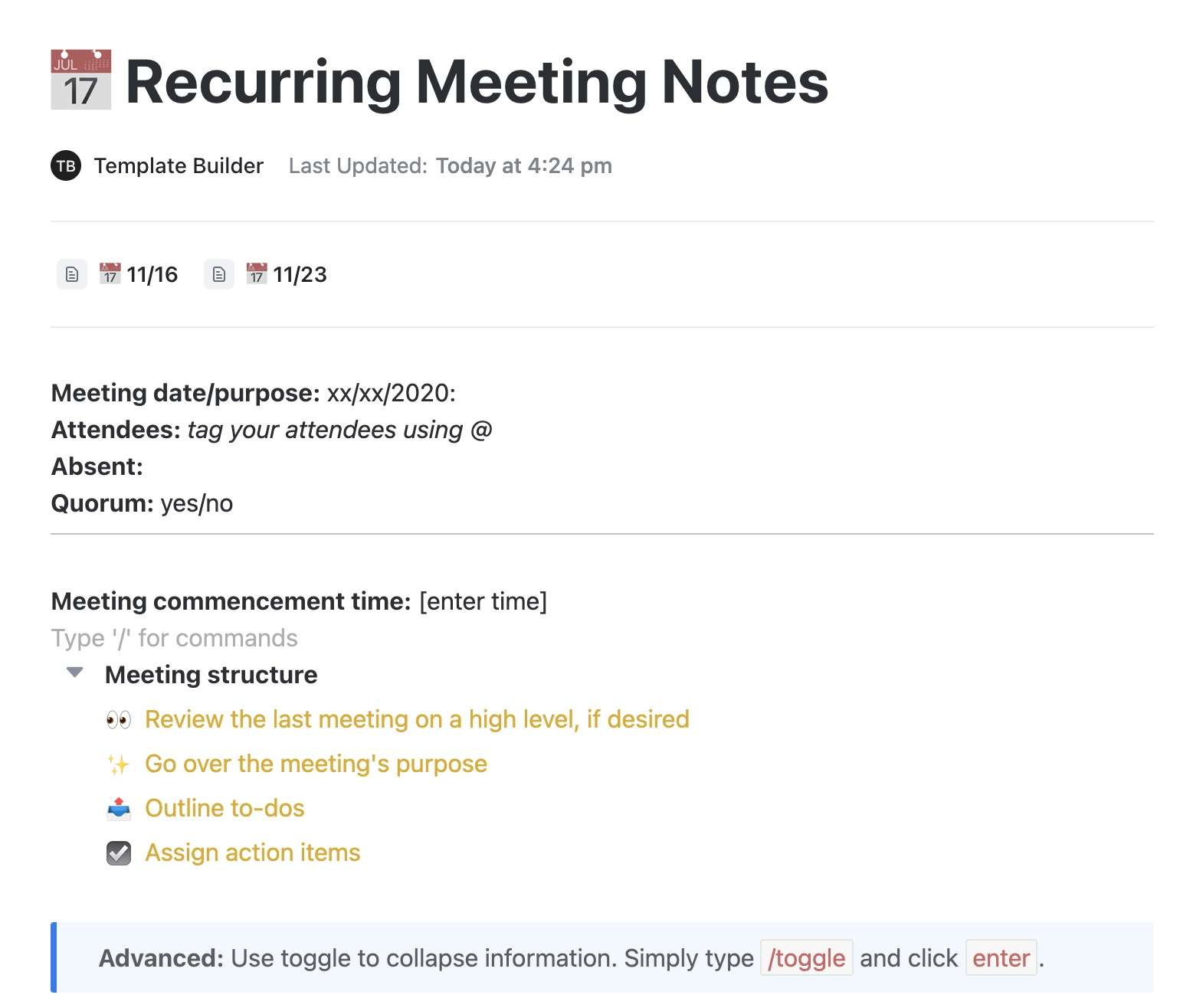 ClickUp's Recurring Meeting Agenda template is the perfect tool to streamline your team's recurring meetings and ensure that important topics are covered every time.