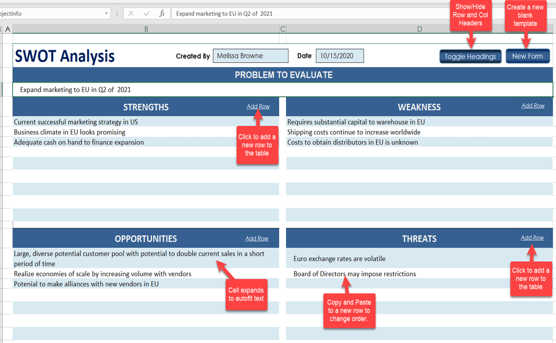 SWOT Analysis Template Excel by DMAICTools.com