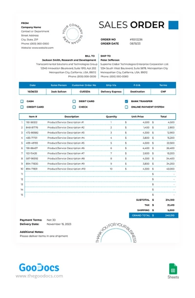 Sales Order: google sheets order form template by GooDocs